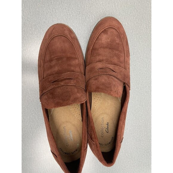 WOMEN'S Clarks Ultimate Comfort Brown Suede Penny Loafers Size 6.5 Flats Shoes - Picture 7 of 15